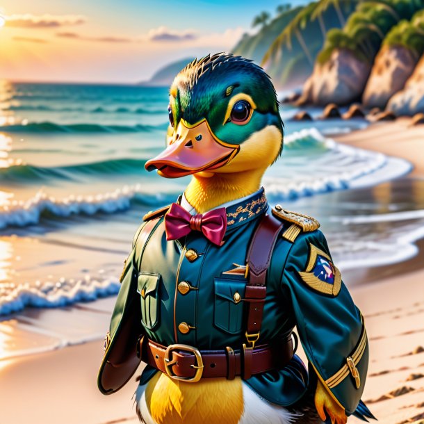 Image of a duck in a belt on the beach