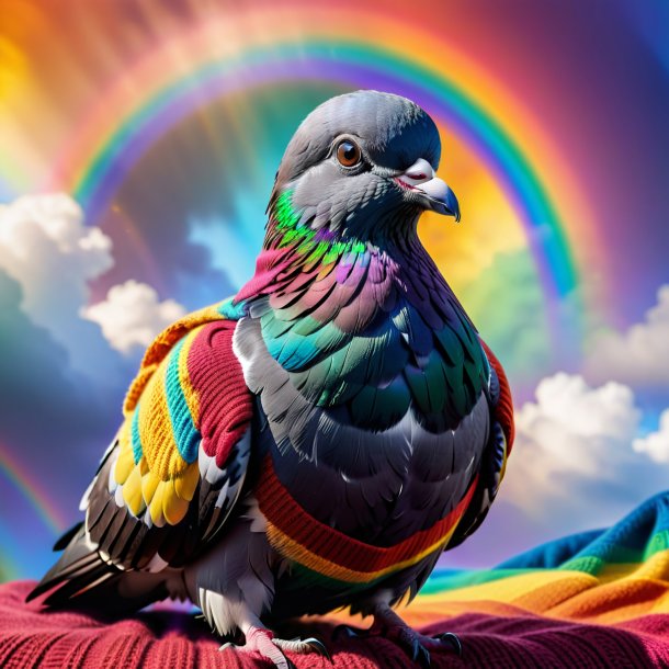 Photo d'un pigeon dans un pull sur l'arc-en-ciel