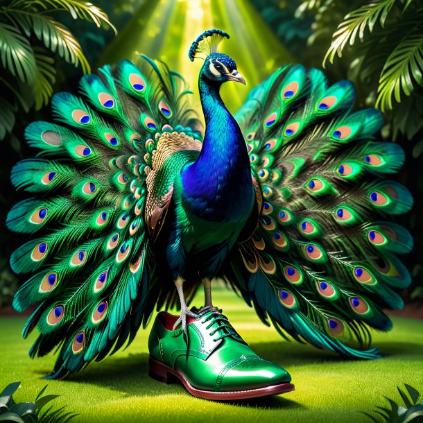 Imagen de un pavo real en zapatos verdes