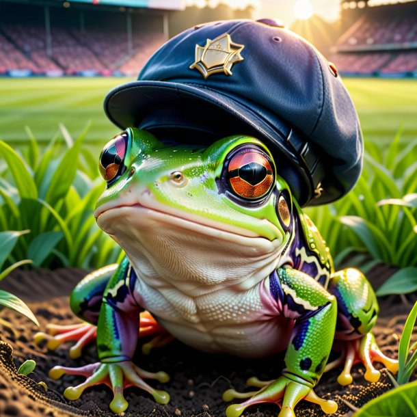Image of a frog in a cap on the field