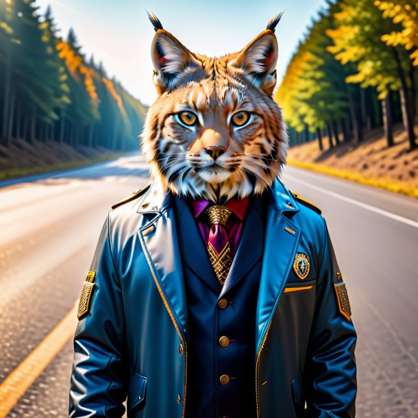 Picture of a lynx in a jacket on the road