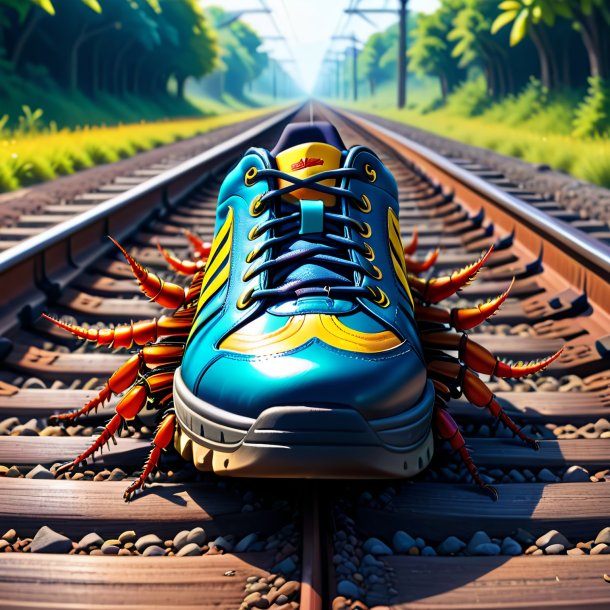 Illustration of a centipede in a shoes on the railway tracks