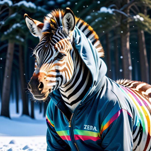 Imagen de una cebra en una sudadera con capucha en la nieve