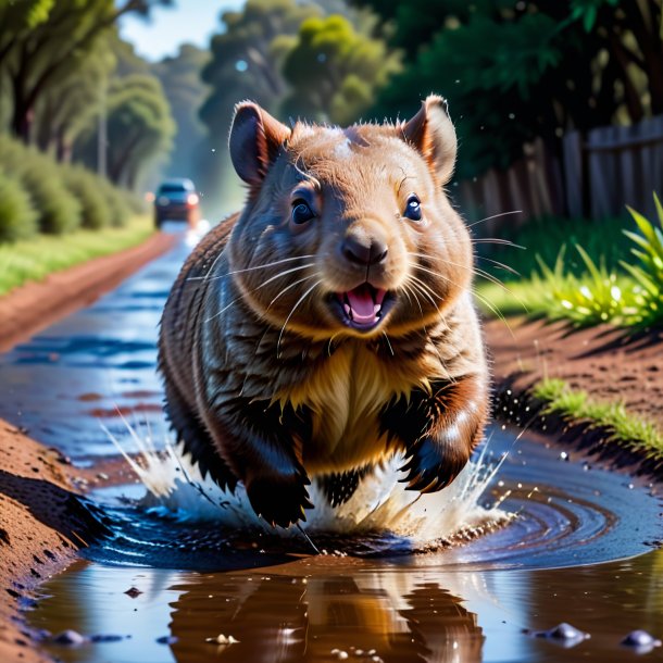 Pic of a jumping of a wombat in the puddle