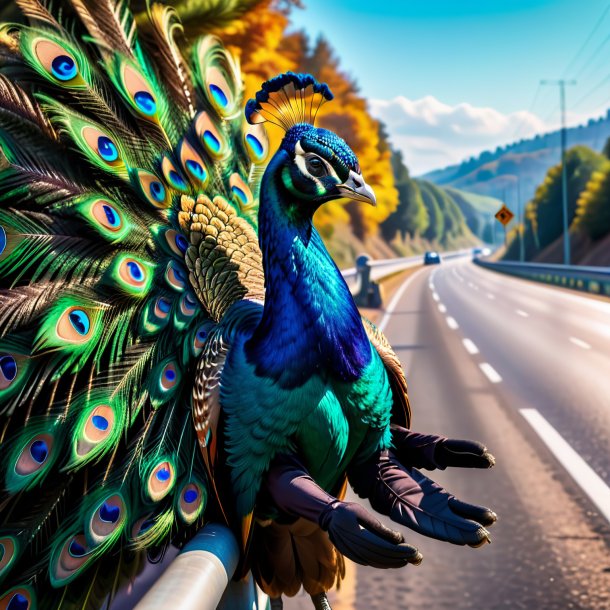 Imagen de un pavo real en guantes en la carretera