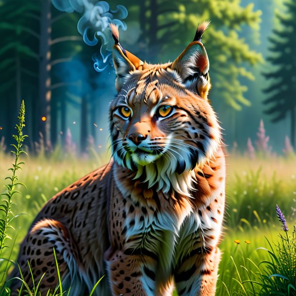 Image of a smoking of a lynx in the meadow