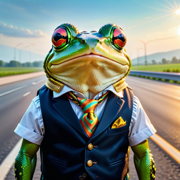 Picture of a frog in a vest on the highway
