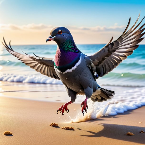 Picture of a jumping of a pigeon on the beach