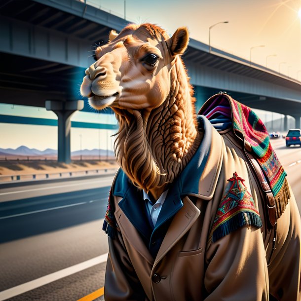 Drawing of a camel in a coat on the highway