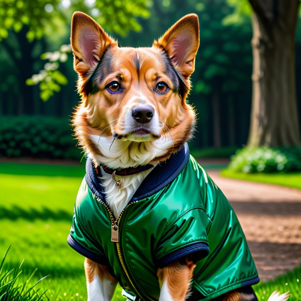Picture of a dog in a green jacket