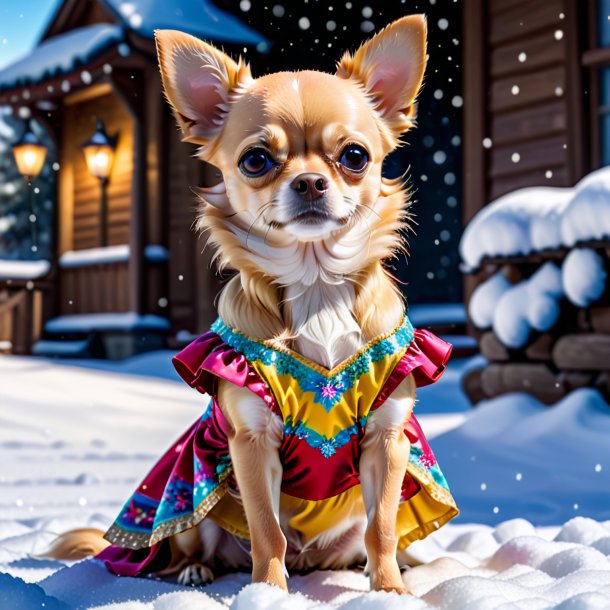 Foto de un chihuahua en un vestido en la nieve