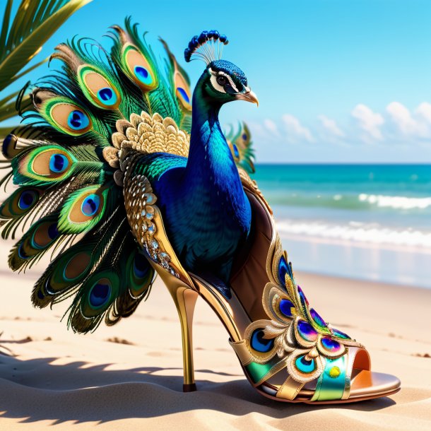 Foto de un pavo real en un zapato en la playa