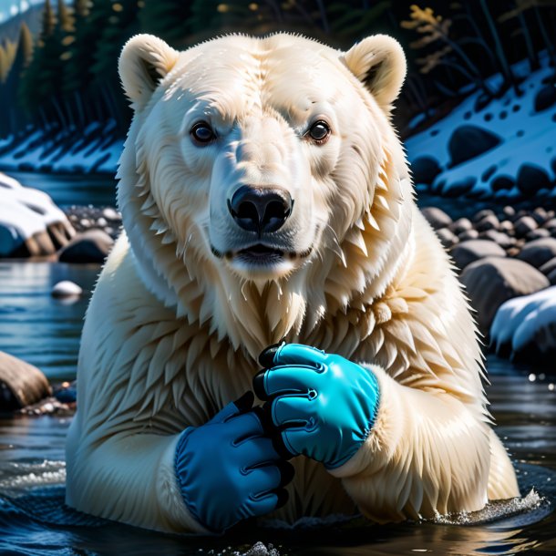 Photo of a polar bear in a gloves in the river