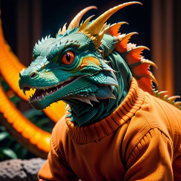 Photo of a basilisk in a orange sweater