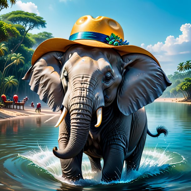 Image of a elephant in a hat in the water