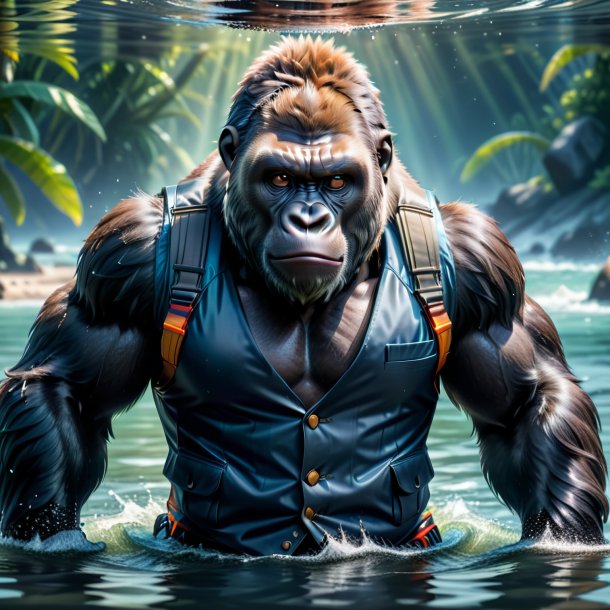 Photo of a gorilla in a vest in the water