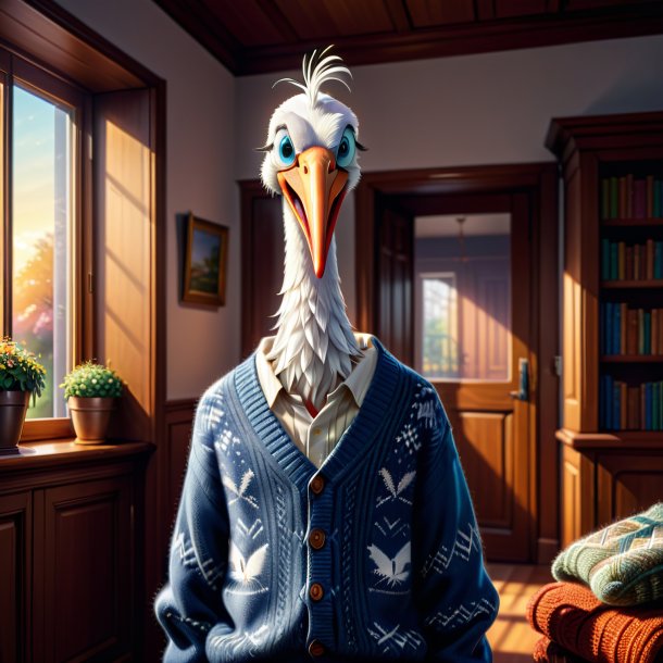 Illustration d'une cigogne dans un pull dans la maison