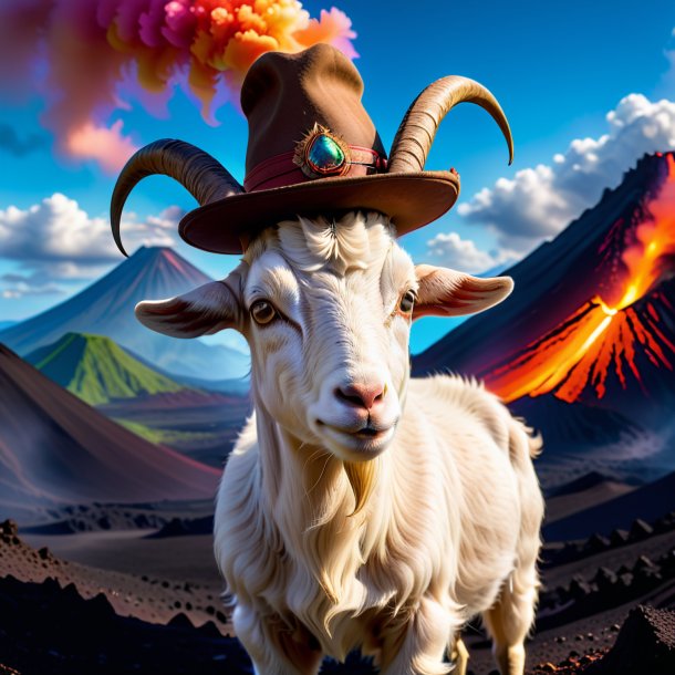 Photo of a goat in a hat in the volcano