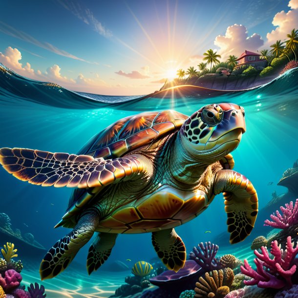 Illustration of a turtle in a belt in the sea