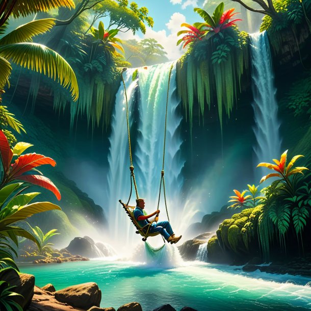 Pic of a swinging on a swing of a iguana in the waterfall