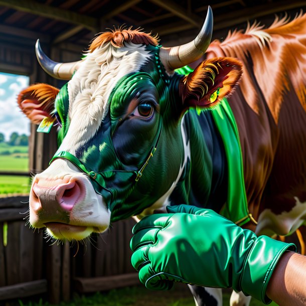 Picture of a cow in a green gloves