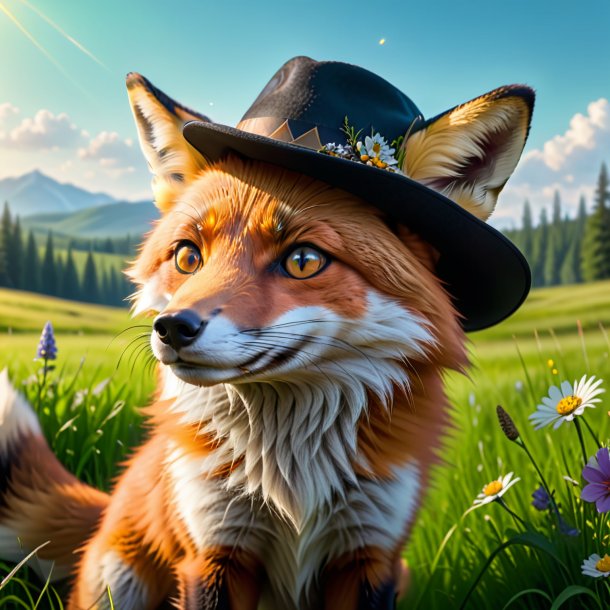 Pic d'un renard dans un chapeau dans la prairie