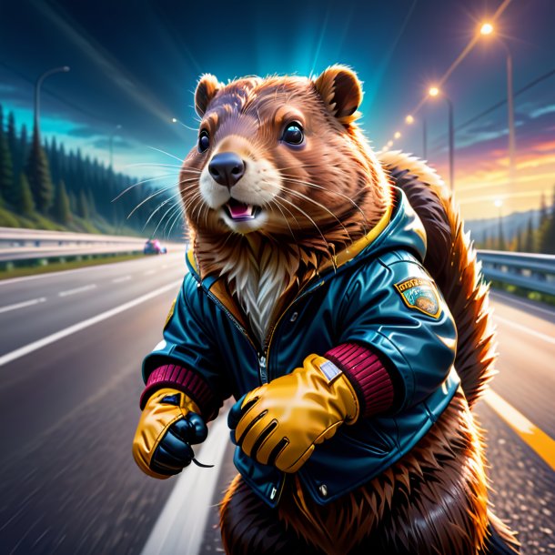 Illustration of a beaver in a gloves on the highway