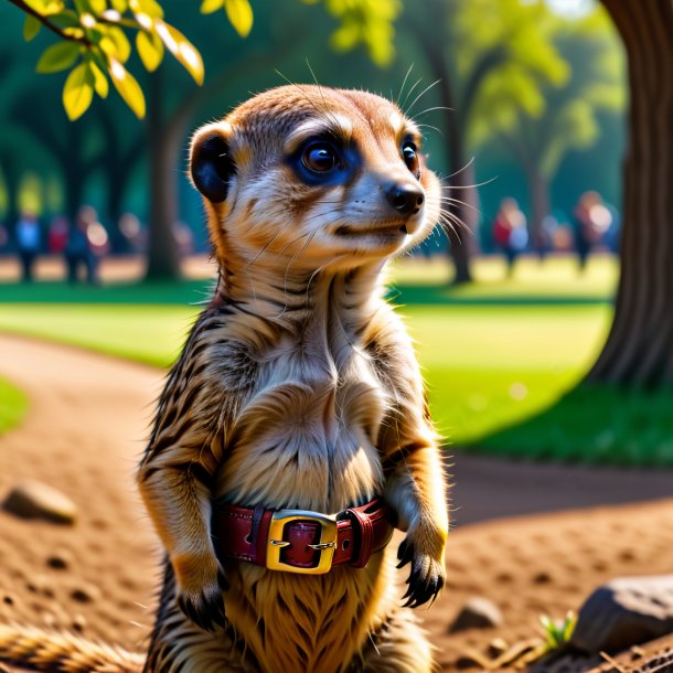 Photo of a meerkat in a belt in the park