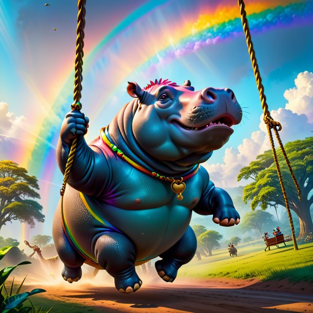 Picture of a swinging on a swing of a hippopotamus on the rainbow