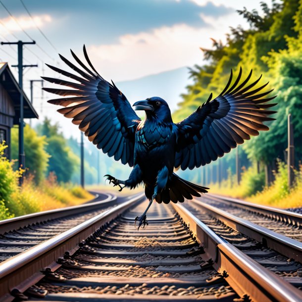 Image of a dancing of a crow on the railway tracks