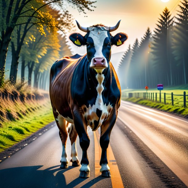 Pic of a cow in a coat on the road