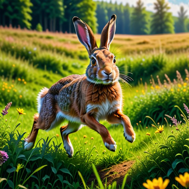 Photo of a jumping of a hare in the meadow