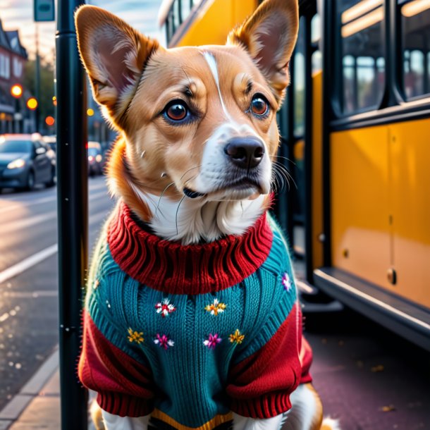 Pic of a dog in a sweater on the bus stop