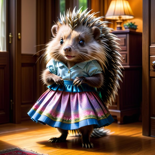 Picture of a porcupine in a skirt in the house