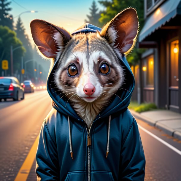 Picture of a possum in a hoodie on the road