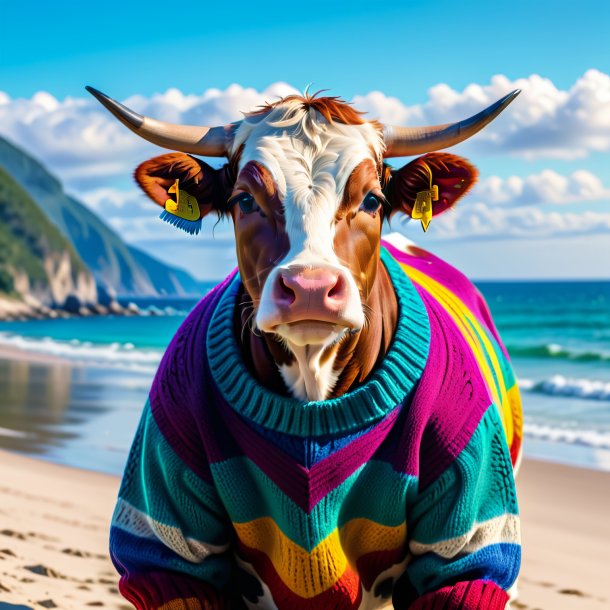 Picture of a cow in a sweater on the beach