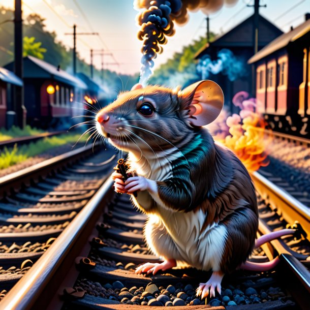 Picture of a smoking of a mouse on the railway tracks