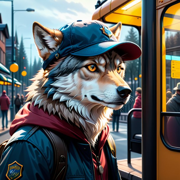 Desenho de um lobo em um boné na parada de ônibus