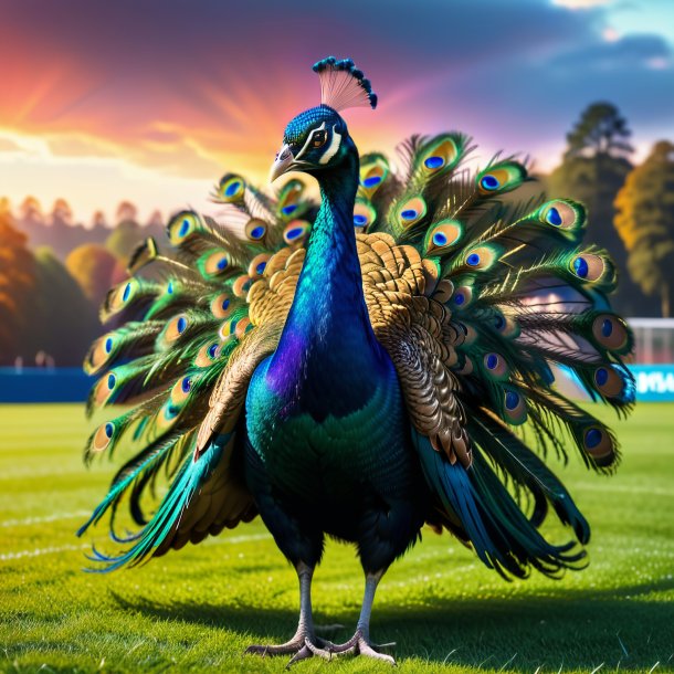 Photo of a peacock in a sweater on the field