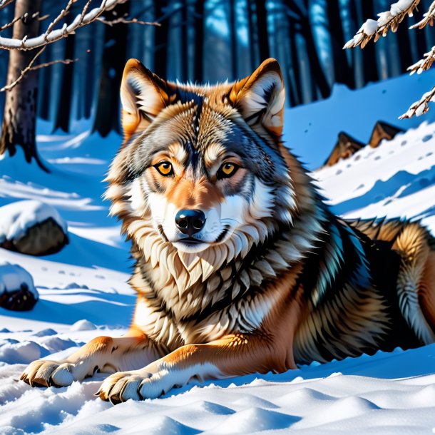 Image of a resting of a wolf in the snow