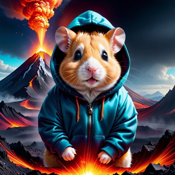 Illustration of a hamster in a hoodie in the volcano