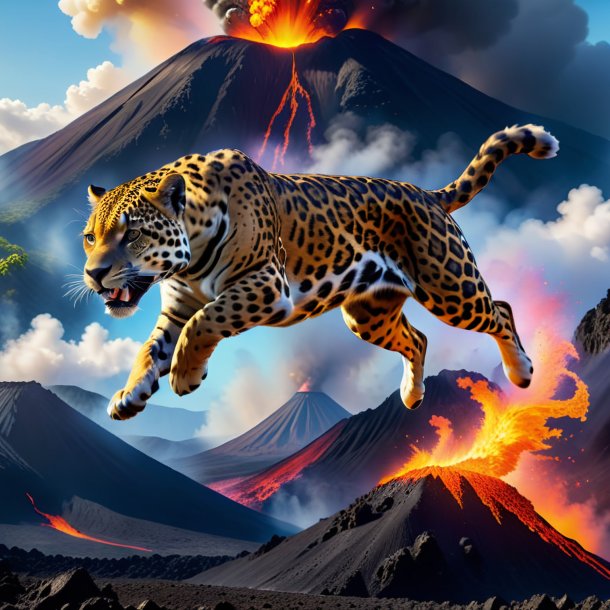 Photo d'un saut d'un jaguar dans le volcan