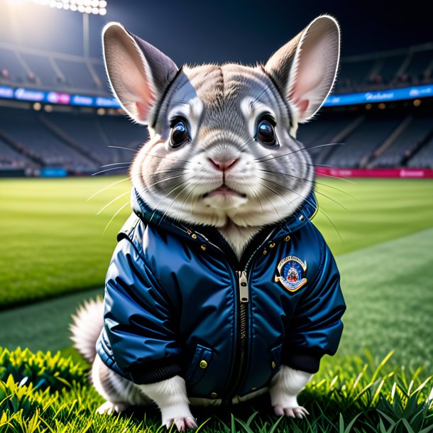 Photo of a chinchillas in a jacket on the field