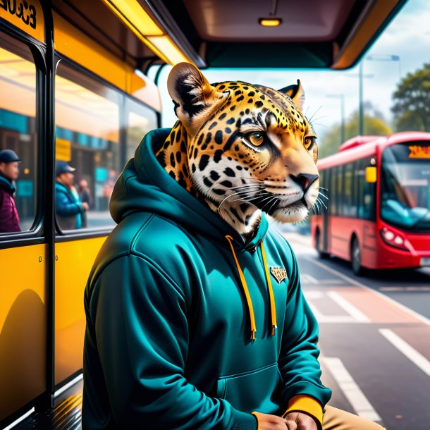 Imagem de um jaguar em um hoodie no ponto de ônibus