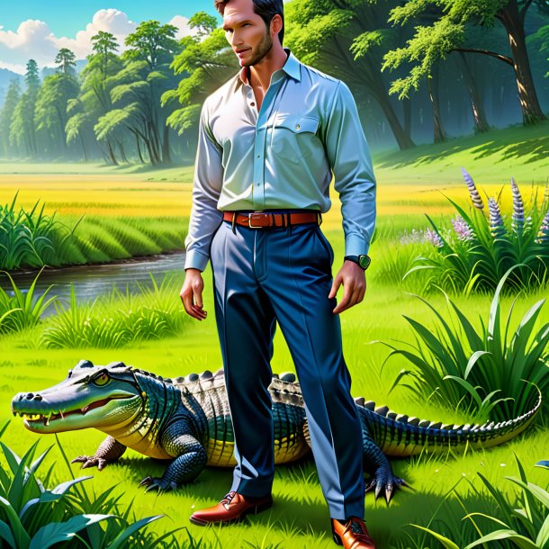 Illustration of a crocodile in a trousers in the meadow