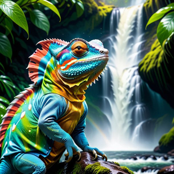 Pic of a chameleon in a coat in the waterfall