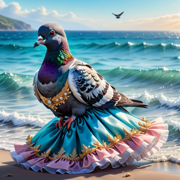 Illustration of a pigeon in a dress in the sea