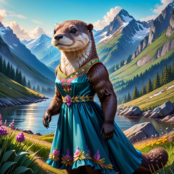 Ilustración de una nutria en un vestido en las montañas