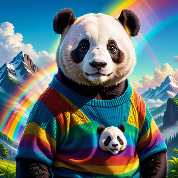 Illustration of a giant panda in a sweater on the rainbow