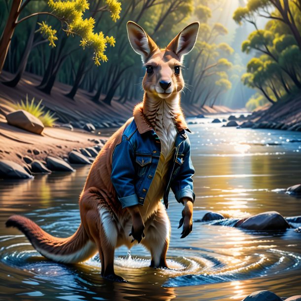 Photo of a kangaroo in a jeans in the river